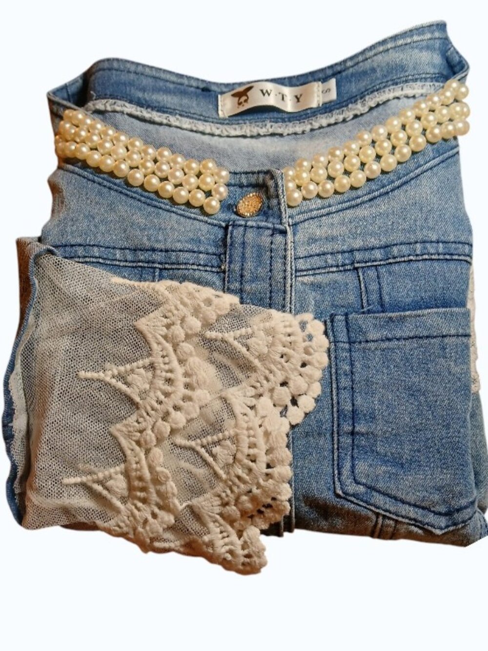 WTY Blue Jean Jacket with Faux Pearls and Lace/Crochet Cuffs & Hem - EUC - Picture 4 of 12